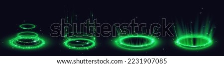 Circle digital portals, neon light platforms with glow and sparkles isolated on black background. Futuristic teleport podiums, healing aura for game interface, vector realistic set