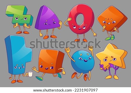 Geometric shapes characters with different emotions. Cute abstract basic forms, figures of circle, square, triangle, star and torus for kids education, vector illustration in contemporary style