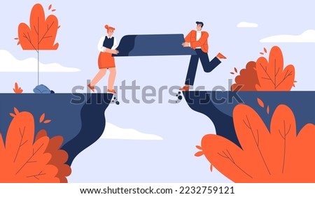 Team building bridge, business concept of cooperation, searching solution, strategy and partnership collaboration. Male and female characters trying connect rock edges, Linear flat vector illustration