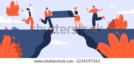 Business team build bridge over gap together. Concept of teamwork, cooperation, corporate communication, partnership with people carry piece of cliff to build bridge, vector flat illustration