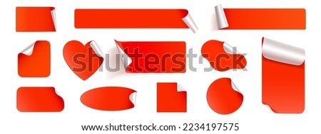 Red peel off stickers, foil patches mockup. Blank labels of heart, round, square, oval, stripe and rectangular shapes. Emblems with curve edges isolated on white background, Realistic 3d vector set