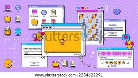 Y2k windows on computer pc desktop. Retro screen in retrowave, vaporwave 90s style with smile face hipster stickers, video player, message boxes and popup user interface elements, vector ux design