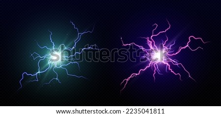 Electric balls, round lightnings, blue and purple thunderbolt circles. Magic energy strikes, plasmic spheres, powerful electrical isolated discharge, glowing dazzle, Realistic 3d vector illustration