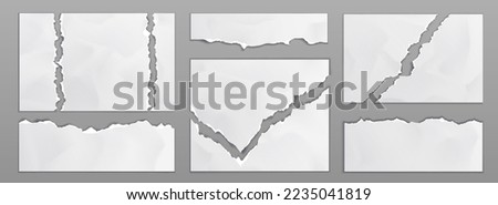 Old paper sheets with torn edges. White ripped and crumpled notes and scraps isolated on gray background. Blank paper pages pieces, vector realistic illustration Foto stock © 