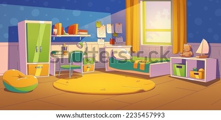 Kids bedroom with bed, table, chair, toys and wardrobe. Child room, nursery interior with books on shelf, pictures on wall, bean bag chair and carpet, vector illustration in contemporary style
