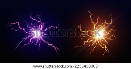 Lightning balls, circle electric energy bolt. Sparking purple and yellow flashes of thunderbolt impact, sphere of thunderstorm discharge isolated on transparent background, vector realistic set