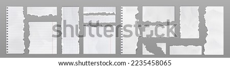 Notebook pages with torn edges. Ripped paper sheets and scraps with square grid and striped patten. Old blank notepad and copybook pages, vector realistic illustration