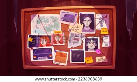 Detective board in police, wooden frame with footprints, crime photos, map and clues connected by red string, identikits of suspected criminals, evidence, car numbers, Cartoon vector illustration