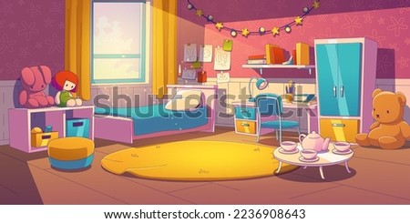 Girl bedroom with bed, toys, table and wardrobe. Empty kids room interior with pictures on wall, books on shelf, carpet and little table with tea-set, vector illustration in contemporary style