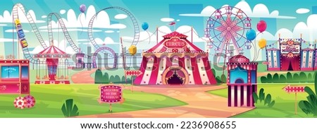 Amusement park, carnival, funfair with circus tent, roller coaster, carousel and ferris wheel, hall of mirrors and ticket booth. Summer scene with attractions and balloons, Cartoon vector illustration