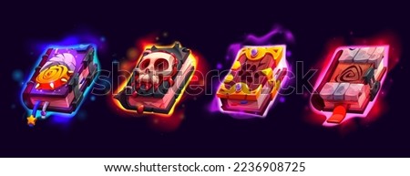 Cartoon set of evil magic spell books isolated on background. Black witchcraft volumes with human skull, animal paw print and secret signs decoration on wooden cover. Game props vector illustration