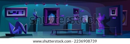 Art gallery, museum at night, dark interior with modern artworks. Contemporary exhibition of abstract paintings, sculpture, vases and statue in muted light illumination. Cartoon vector illustration