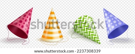 Realistic set of party hats png isolated on transparent background. Vector illustration of red, yellow, green, blue cone caps decorated with dots, stripes and zigzags. Birthday celebration accessory