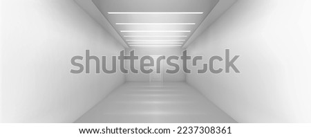 Long hall interior in hospital, office or house. Mockup of empty corridor with white walls, door and ceiling lamps in perspective view, vector realistic illustration