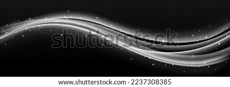 Light lines motion effect. Abstract white waves with blur, sparkles and bokeh. Luxury bright curve light trails with sparks isolated on transparent background, vector realistic illustration