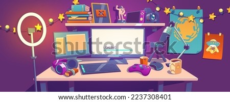 Workplace of game streamer or blogger. Room interior with computer on table, microphone, led ring lamp on tripod, headphones. Home studio of stream video in social networks Cartoon vector illustration