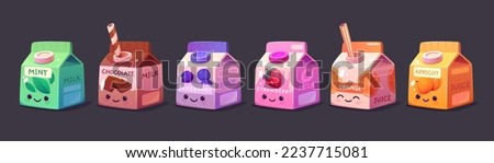Set of cute kawaii milk and juice carton characters. Trendy vector illustration of colorful Japanese anime style boxes with chocolate, mint and strawberry milk, blueberry, orange and apricot juice