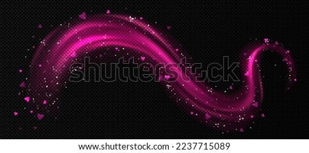Abstract pink swirl with heart shape leaves and shimmering sparkles. Realistic vector illustration of romantic air vortex, curve line, light effect png isolated on transparent background. Love symbol