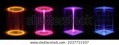 Set of futuristic neon portals on transparent background. Realistic vector illustration of round square holographic gate glowing in yellow, red, purple, blue. Virtual reality, cyber space podiums