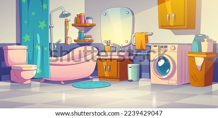 Clean bathroom interior design. Contemporary vector illustration of lavatory room with bath, shower curtain, toilet, sink, mirror, washing machine, laundry basket, mat on tiled floor. Home comfort