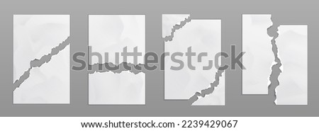 Realistic set of torn paper sheets isolated on grey background. Vector illustration of ripped blank white pages with uneven texture edges. Damaged document or photography mockup, broken agreement