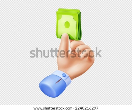 3D hand holding paper money png icon isolated on transparent background. Vector illustration of human fingers with cash. Symbol of personal income, financial savings, shopping, spending, payment