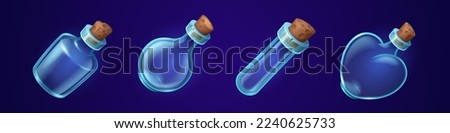 Empty glass bottles, jars with corks for magic potions, elixirs, chemical poisons. Clear flask, vial, tube and beaker isolated on background, vector cartoon illustration