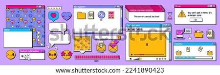 Retro computer screen interface with windows, icons, message frames. Old desktop pc screen elements, retrowave digital style, vector cartoon set isolated on background