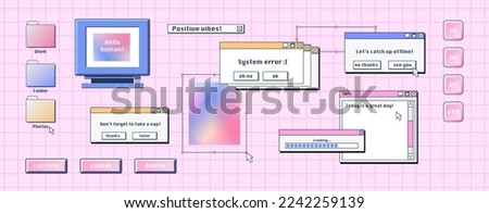 Retro computer interface, digital screen with windows, buttons, message frames. Desktop pc system elements in y2k style, vector cartoon set on pink background