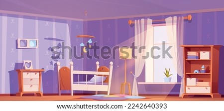 Baby room, nursery bedroom with cot bed, furniture, carpet, floor lamp and curtains on window. Empty child room interior with cradle and baby toys mobile, vector cartoon illustration