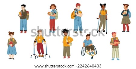 Disabled and healthy kids students, multiracial handicapped children, school boys and girls pupils on wheelchair, prosthesis or crunches with books and bags, Linear cartoon flat vector illustration