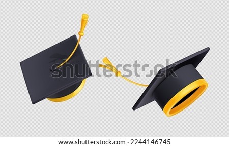 Throw up graduation caps in air. Flying black academic hats with yellow rope tassel isolated on transparent background, 3d vector illustration, angle view