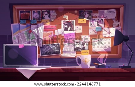 Detective office with table and board with evidences and red thread. Police workplace with laptop and lamp on desk and pinboard with photo, map and notes for investigation, vector cartoon illustration