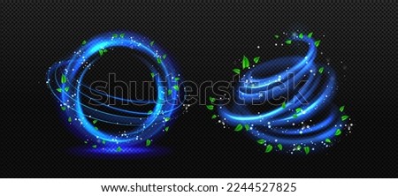 Freshness effect, blue air or wind flow with green leaves. Glow circle and swirls, wand trails, fresh menthol breath or detergent isolated on transparent background, Realistic 3d vector illustration