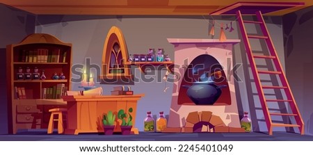 Alchemist, witch or wizard room with books, potions, candles and cauldron in stove. Magician laboratory or alchemy shop interior with flasks and bottles on shelves, vector cartoon illustration