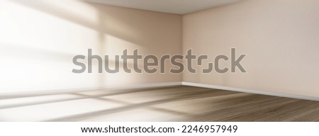 Empty beige room corner with sunlight and window shadow. Realistic vector illustration of new studio apartment interior design with blank pastel walls, wooden floor and no furniture. Real estate