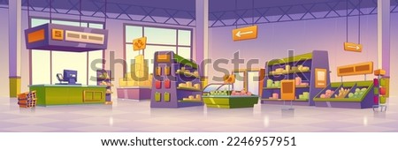 Supermarket store interior design. Contemporary vector illustration of modern shopping mall with food, beverages on shelves and in fridges, arrow signs, checkout. Retail sale business. Game background