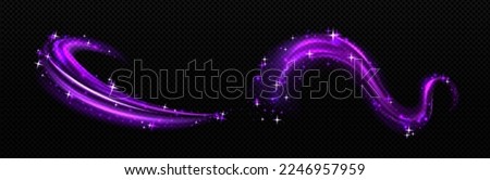 Magic light effect, purple air or wave wind flow with twinkle stars. Glow swirl trail, dream power stream motion with sparkles isolated on transparent background, Realistic 3d vector illustration