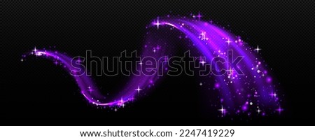 Magic light effect, purple air or wave wind flow with twinkle stars. Glow trail, dream power stream motion with sparkles isolated on transparent background, Realistic 3d vector illustration