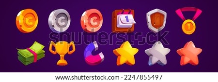 Cartoon set of game awards and props. Vector illustration of ancient calendar, wooden shield, winner medal, bunch of money, golden cup, magnet, golden, silver and bronze coins and stars. Design icons