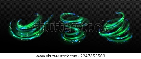Abstract green swirls set with blue lightning discharges png isolated on transparent background. Realistic vector illustration of spiral vortex with neon sparkles. Magic power effect, design element