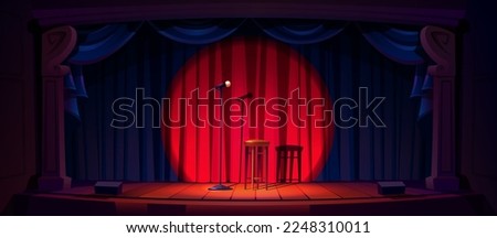 Empty stage ready for stand up show or concert. Cartoon vector illustration of scene with red curtains, microphone and wooden stool in light beam. Comedy club performance