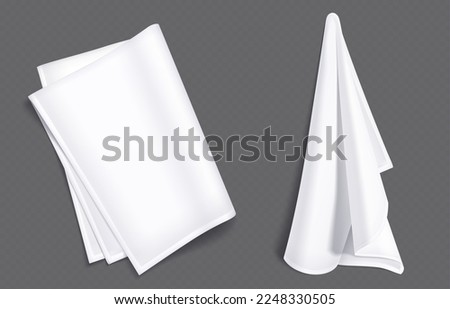 White kitchen towel, fabric napkin, tablecloth or handkerchief. Blank folded and hanging linen towels isolated on transparent background, vector realistic illustration