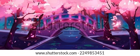 Sakura blossom and bridge under river in japanese garden at night. Spring landscape with chinese cherry trees with pink flowers in dark park, water lily leaves in pond, vector cartoon illustration