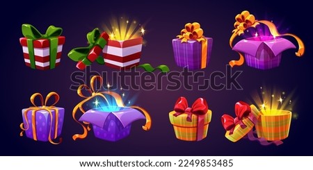 Set of open and closed gift boxes isolated on background. Vector illustration of colorful striped, dotted and checkered surprise packages decorated with ribbon bows with light and sparkles inside