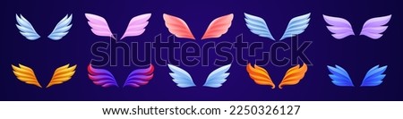 Game emblems with wings of birds, angel, eagle and phoenix. Modern icons of freedom, victory, success. Badges with wings pairs, vector cartoon illustration isolated on background