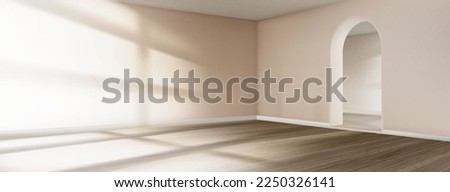 Empty room interior with arch entrance. Modern 3d living room, office or gallery with wooden floor, shadows and sun light from window on wall, vector realistic illustration