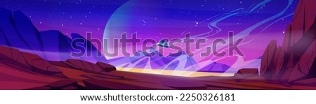 Futuristic spaceship landing at alien planet. Vector cartoon illustration of spacecraft flying above empty planet surface with rocky mountain landscape. Colorful outer space background with stars