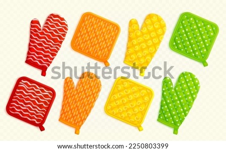 Kitchen mittens and potholders, fabric holders for cooking. Template of textile oven mitts and gloves with polka, striped, wavy and spiral pattern, vector realistic illustration