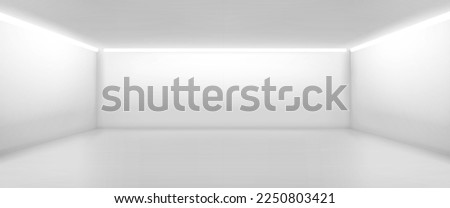 Empty room with white walls inside. Perspective view of modern office or gallery hall interior with ceiling lamps. Abstract white box inside, vector realistic illustration